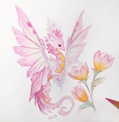 a drawing of a pink dragon and flowers