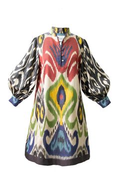 Multicolor Short Silk Ikat Dress – NOMADIC Linen Dresses Elegant, Uzbek Dress, Post Baby Fashion, Bed Jackets, Jai Guruji, Silk Cape, Brown Maxi Dresses, Goddess Gown, Kaftan Designs