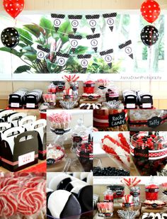 a collage of photos with red, white and black items on them including cake