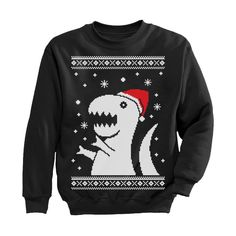 a black sweater with an ugly dinosaur wearing a santa hat