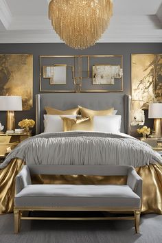 a bedroom with gold accents and gray walls