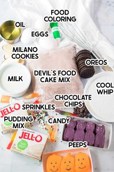 the ingredients needed to make an ice cream cake recipe on a white marble countertop