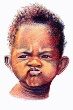 a colored pencil drawing of a child's face with hair and mustaches on it