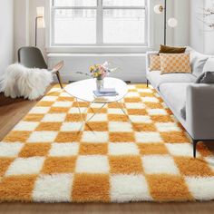 a living room filled with furniture and a checkered rug