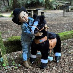 a little boy that is standing next to a toy horse in the woods with trees behind him