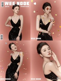 four pictures of a woman in black dress with confetti around her neck and hands on her face