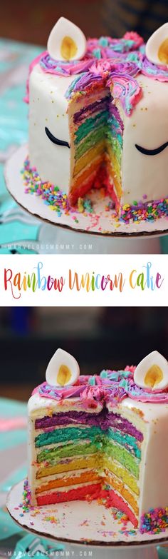 this rainbow unicorn cake has been cut in half and is ready to be eaten