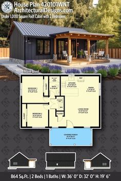 the floor plan for a small house with an attached porch and living room, including a covered