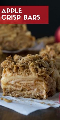 apple crisp bars stacked on top of each other with text overlay that reads, apple crisp bars