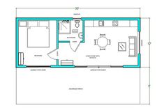 the floor plan for a tiny cabin with an attached bathroom and living room, as well as