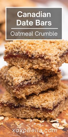 three oatmeal crumble cookies stacked on top of each other with text overlay