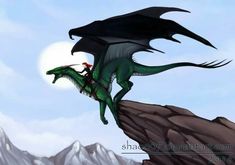 a green and black dragon flying over a mountain