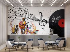 a music themed wall mural in a restaurant with blue chairs and white tablecloths