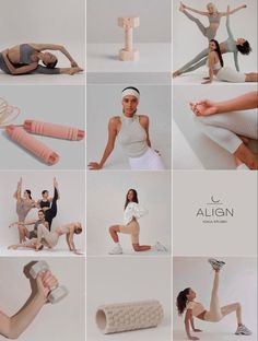 the collage shows many different poses, including ballet shoes and leggings in various positions