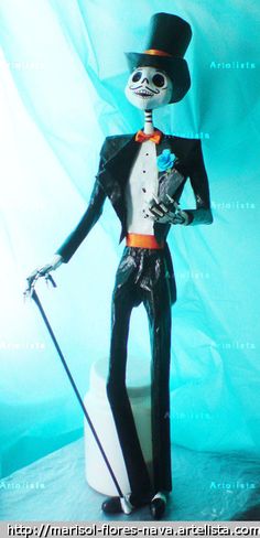 a skeleton dressed in black and white with a top hat holding a cane on a blue background