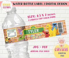 a water bottle label with an image of the sesame street characters on it and other labels