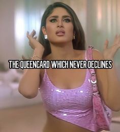 a woman in a pink bra top with the words, the queencard which never declines