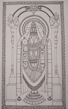 an intricately designed drawing of the hindu god in black and white, on paper