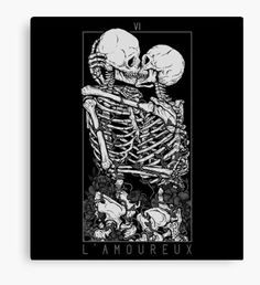 a black and white drawing of two skeletons hugging each other with the words la moureux