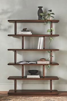 a wooden shelf with books and plants on it