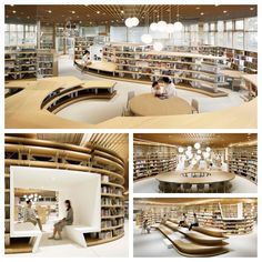 the interior of a library with many bookshelves and people sitting at tables in it