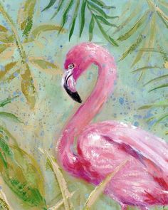 an acrylic painting of a pink flamingo in front of some green leaves