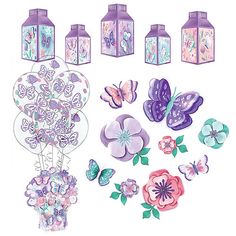 an assortment of paper flowers and butterflies on a white background, including two vases