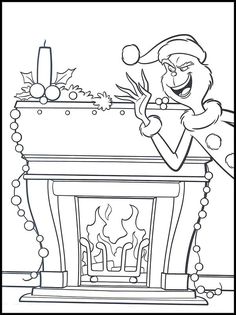 the cat in the hat coloring pages for kids with fireplace and christmas decorations on it