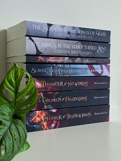 a stack of books sitting on top of a table next to a plant