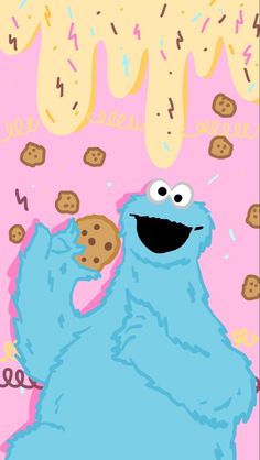 the cookie monster is eating some cookies and sprinkles on pink background with blue icing