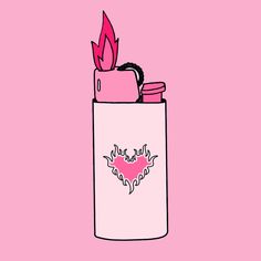 a pink lighter with flames sticking out of it's side on a pink background