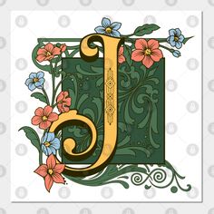 the letter j is surrounded by flowers and leaves