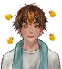 a drawing of a boy with some rubber ducks on his head in front of him