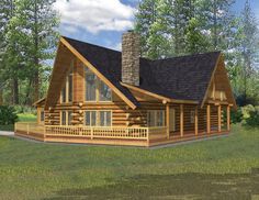 a large log cabin with a wraparound porch