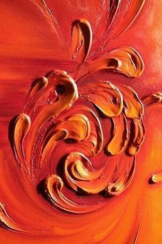 an orange abstract painting with swirls and curves on it's surface, showing the center