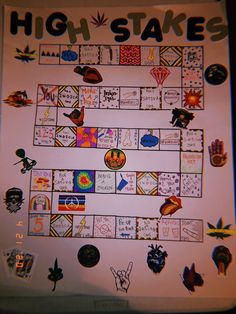 a board game with lots of stickers on it that says high stakes and has many different symbols