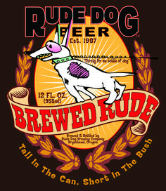 the logo for rude dog beer, featuring a white dog with a purple collar on it's neck