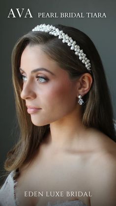 The Ava Silver Crystal and Pearl Headpiece Tiara embodies poetic beauty and regal charm. Perfect for the blessed bride, this exquisite piece adds a touch of elegance to your wedding day look. Pearl Bridal Headpiece Hair Down, Bohemian Veils, Glamorous Wedding Gowns, Glam Wedding Ideas, Pearl Headpiece Wedding, Headband Wedding Hair, Bride Wedding Hair, Blush Wedding Ideas, Blush Weddings