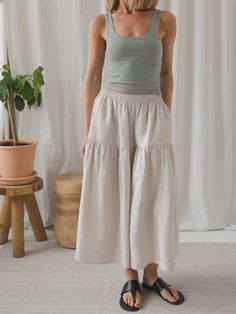 Get excited for our first-ever women's skirt designed to be worn day in, day out! Now, you can finally create twinning outfits for you and your little one! 100% organic linen, 185g. We are introducing a NEW women's version of our bestselling Tutti skirt. Lightweight and breathable with an elegant shape that falls to a mid-calf length, is ideal for summer escapades, beach-days or evening alfresco. It's simple, versatile and easy to style plus it has two handy pockets. Both our models are 165 tall Everyday Long Skirt For Spring, Summer Linen Relaxed Skirt, Summer Linen Flowy Skirt, Sustainable Fashion Cotton Bottoms For Summer, Linen Tiered Skirt For Day Out, Summer Cotton Tiered Skirt Bottoms, Everyday Skirt Bottoms For Spring, Everyday Spring Skirt Bottoms, Summer Tiered Cotton Skirt