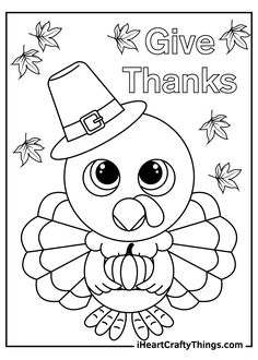 a turkey with a pilgrim hat on it's head and the words give thanks