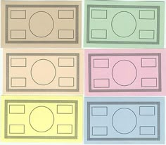 four different colored squares with circles and rectangles on them, all in pastel colors