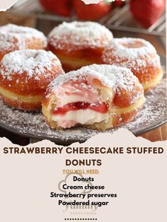 strawberry cheesecake stuffed doughnuts with cream cheese and strawberries on the side