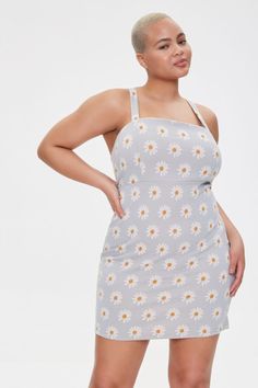 A knit mini dress featuring a daisy print, square - cut neckline and back, adjustable shoulder straps, and a bodycon silhouette. - 99% polyester, 1% spandex - Machine wash cold - Measured from a Size 1X - Full length: 29.25" - Chest: 20.25" - Waist: 18.75" | Daisy Print Mini Dress in Light Blue, Size 3X Birthday Shoot, Daisy Print, Knit Mini Dress, Flowy Dress, Printed Mini Dress, New Wardrobe, Dress Details, Dress Brands, Plus Size Dresses