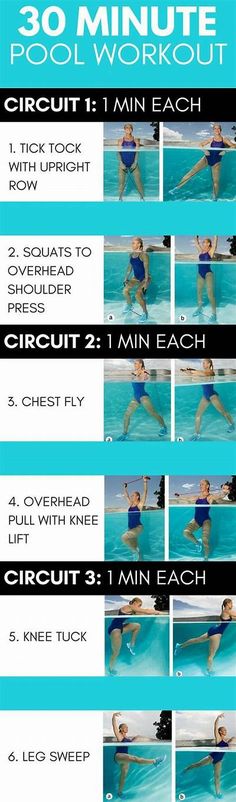 the 30 minute pool workout plan is shown in blue and black, with instructions for how to