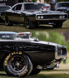 two pictures of an old black car on display