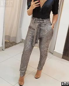 Fisdy - Pantalón largo de lentejuelas Sequin Pant, Black Harem Pants, Work Pants Women, Slacks For Women, Shiny Pants, Harem Pants Women, Sequin Pants, Party Pants, Party Kleidung