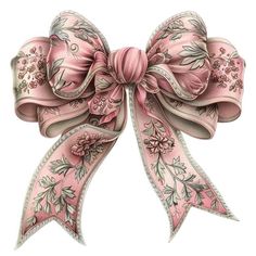 a pink bow with flowers and leaves is shown on a white background for use as an ornament