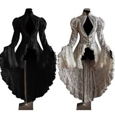 two mannequins are dressed in black and white lace, one is wearing a dress