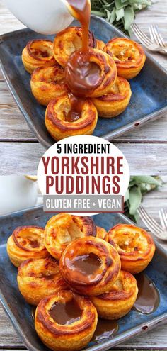 an image of yorkshire puddings with sauce being poured onto them on a blue plate