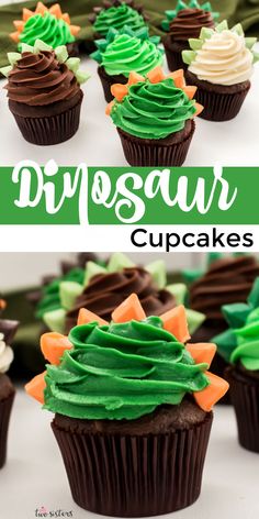 chocolate cupcakes with green frosting and sprinkles in the shape of trees